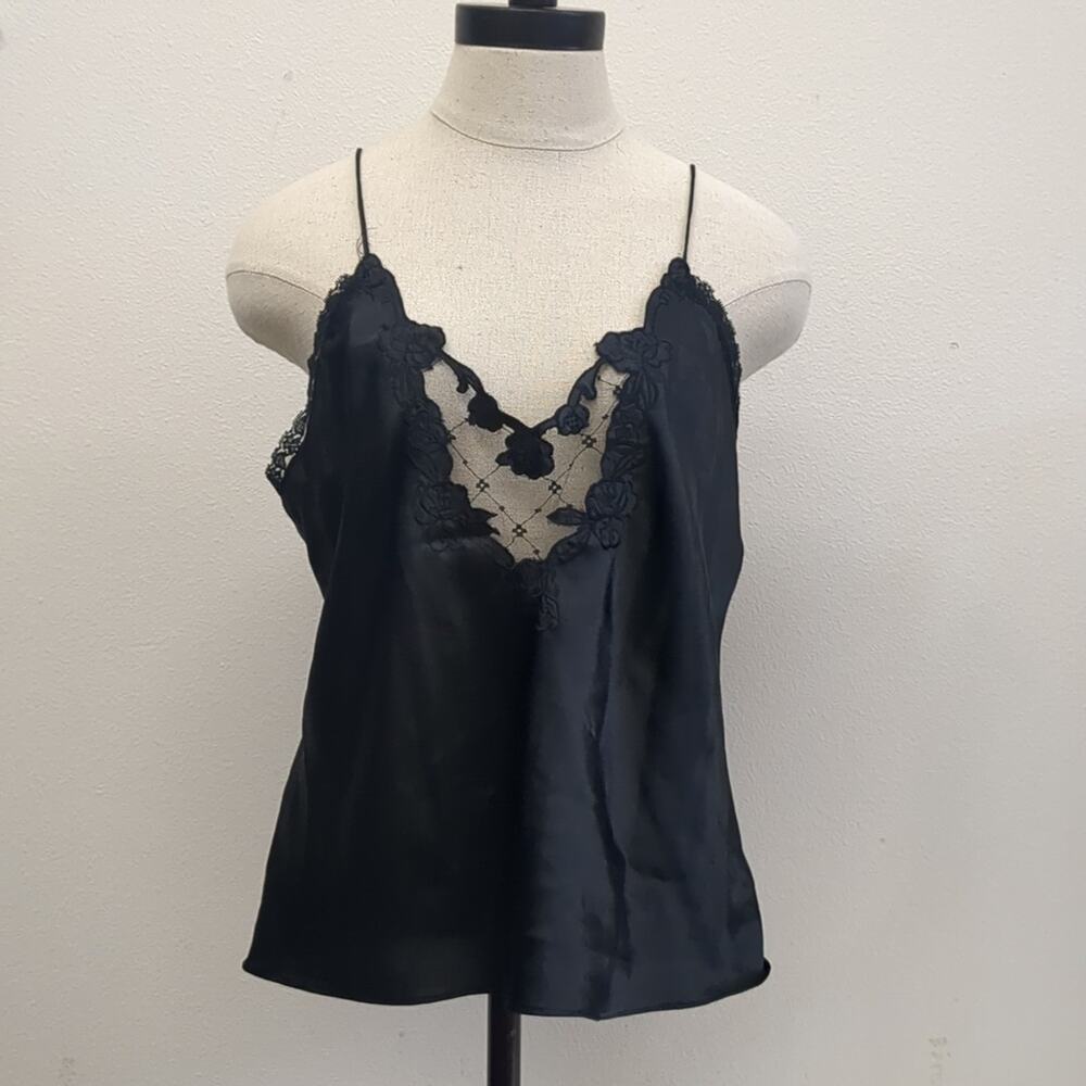 Vintage Black Satin Lace Trim Tank Top